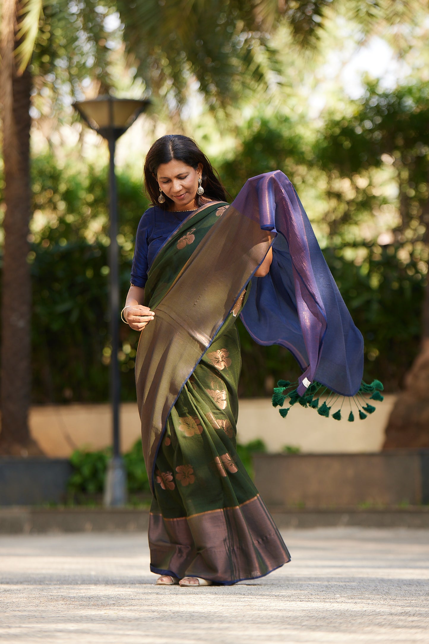 Emerald Green Mulmul Saree with Floral Zari Butti and Border