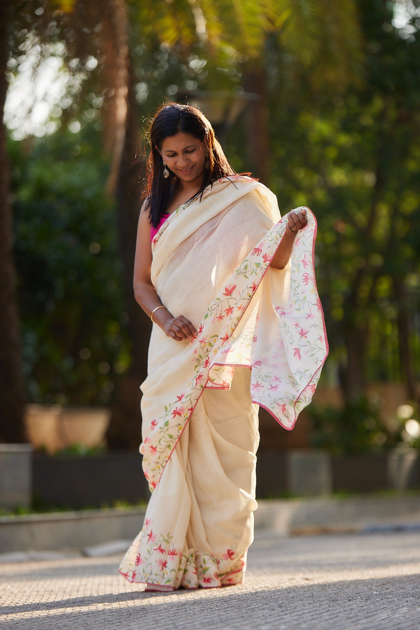 Off White Cotton Linen Saree