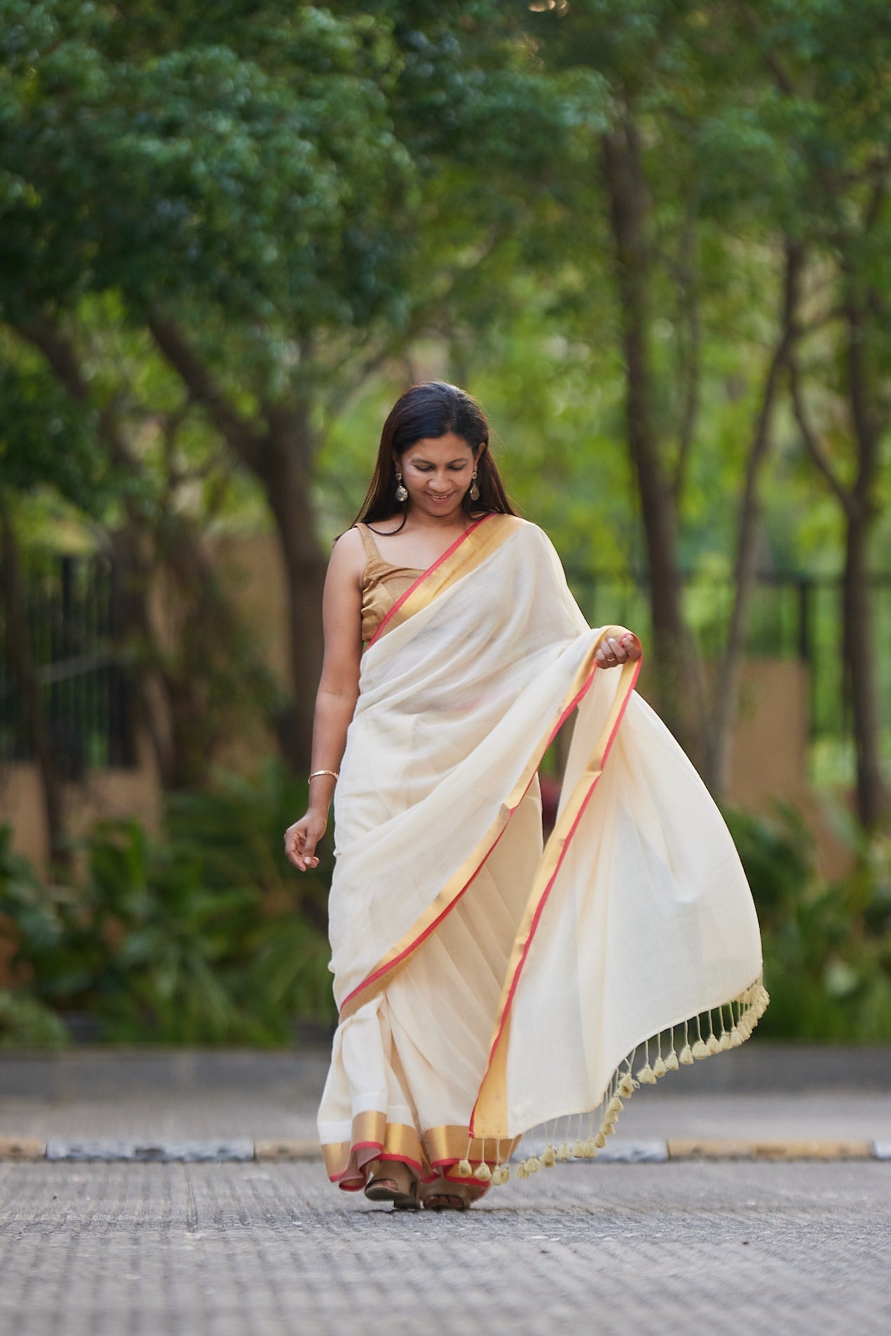 Off white Red Border Mulmul Cotton Saree with Tassels