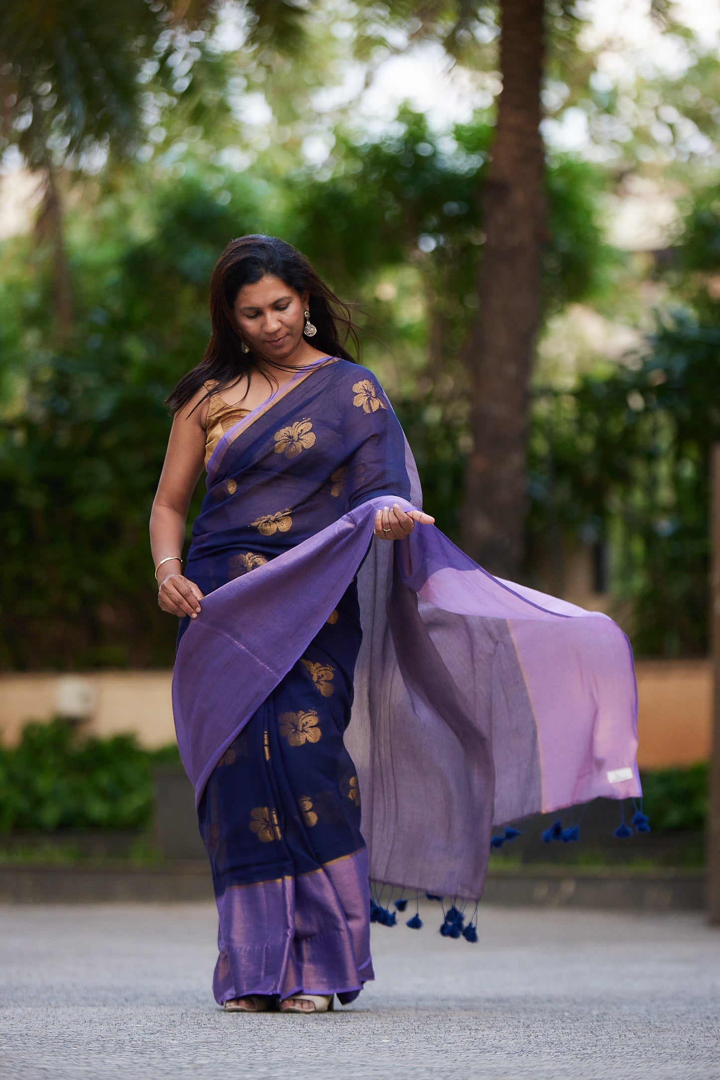 Royal Blue Mulmul Saree with Floral Zari Butti and Border