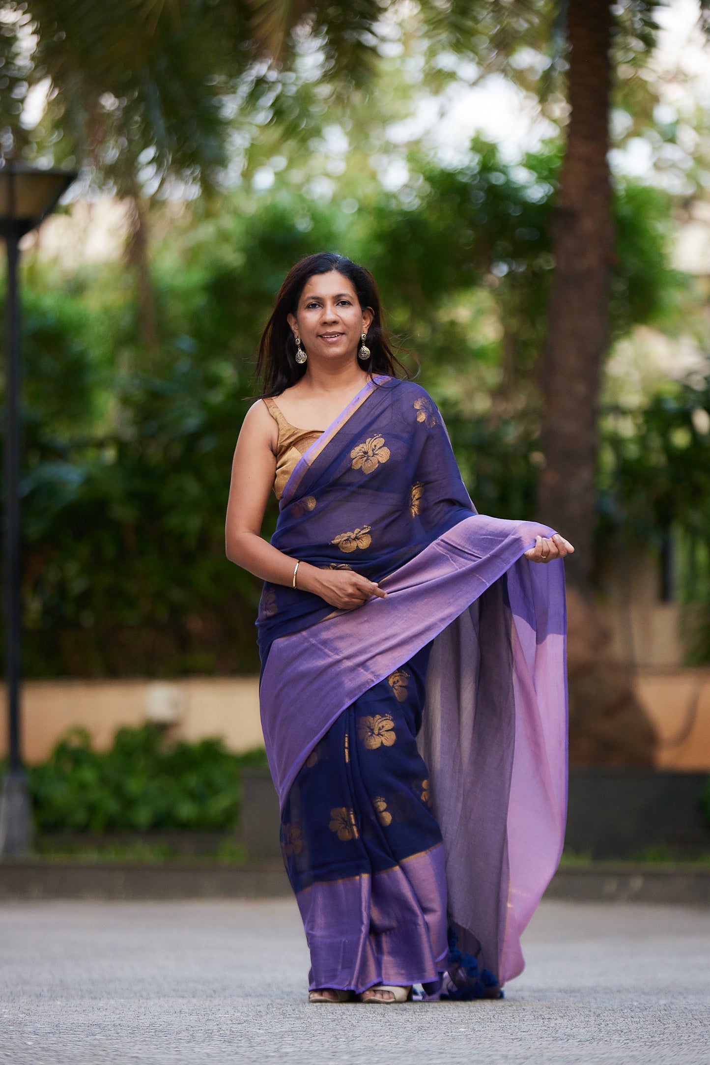 Royal Blue Mulmul Saree with Floral Zari Butti and Border