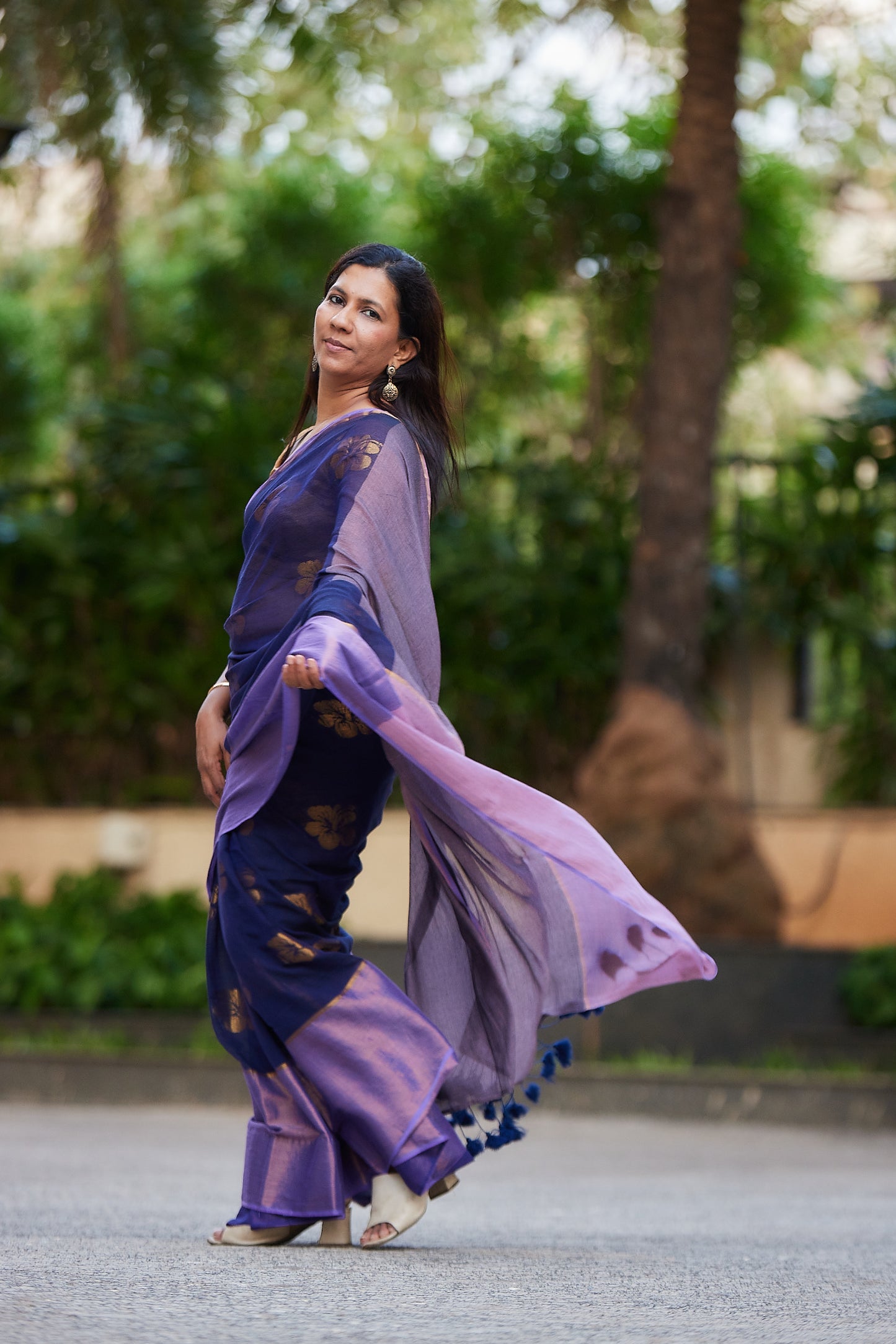 Royal Blue Mulmul Saree with Floral Zari Butti and Border