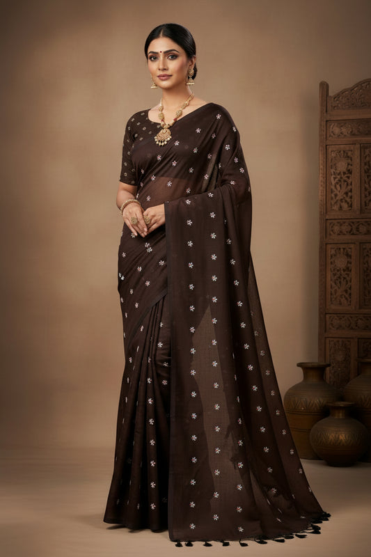 Coffee Brown Phul Butti Cotton Saree