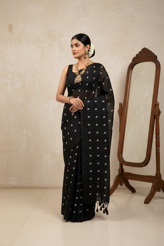 Black Phul Butti Cotton Saree