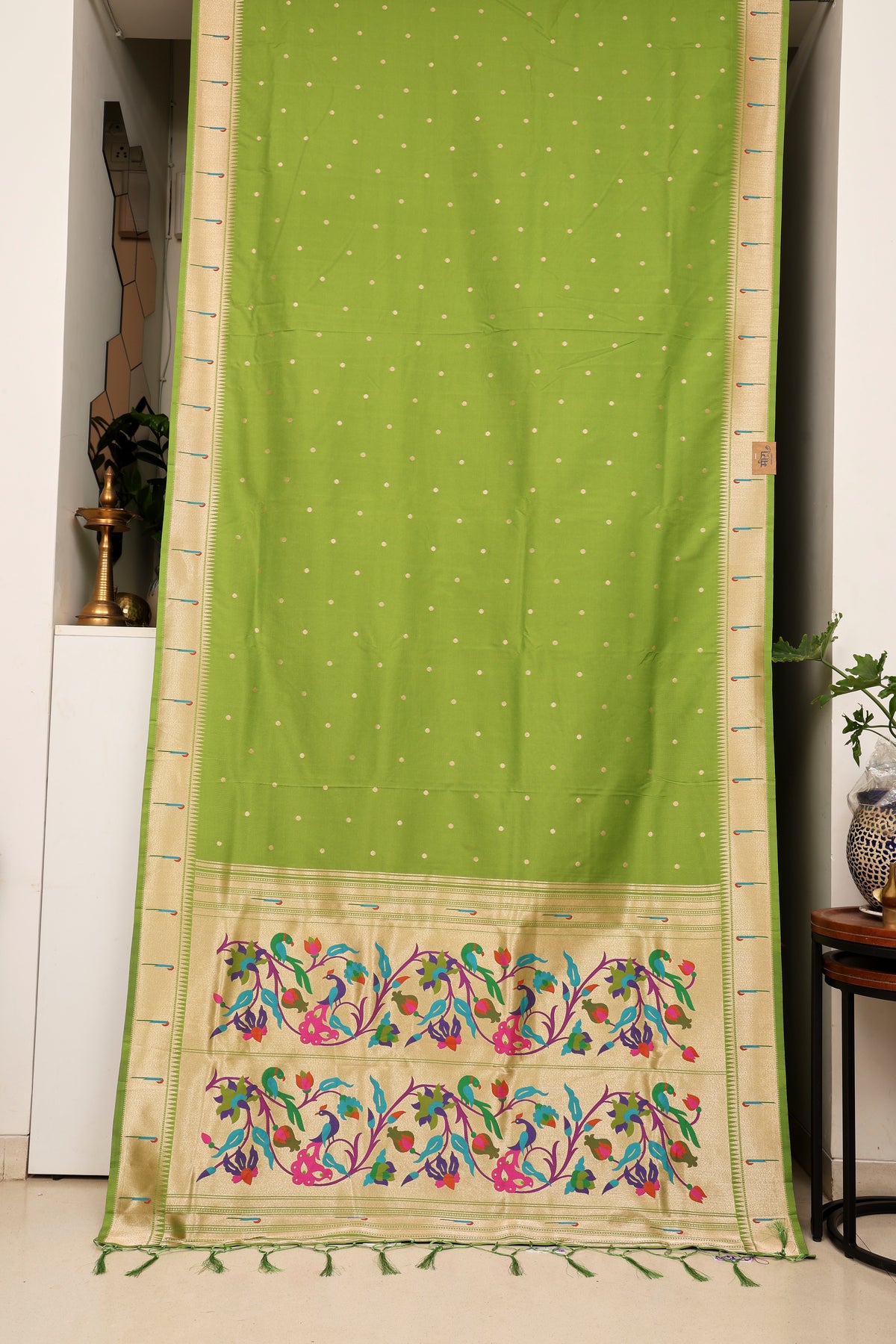 Parrot Green Paithani and Kalamkari Fusion