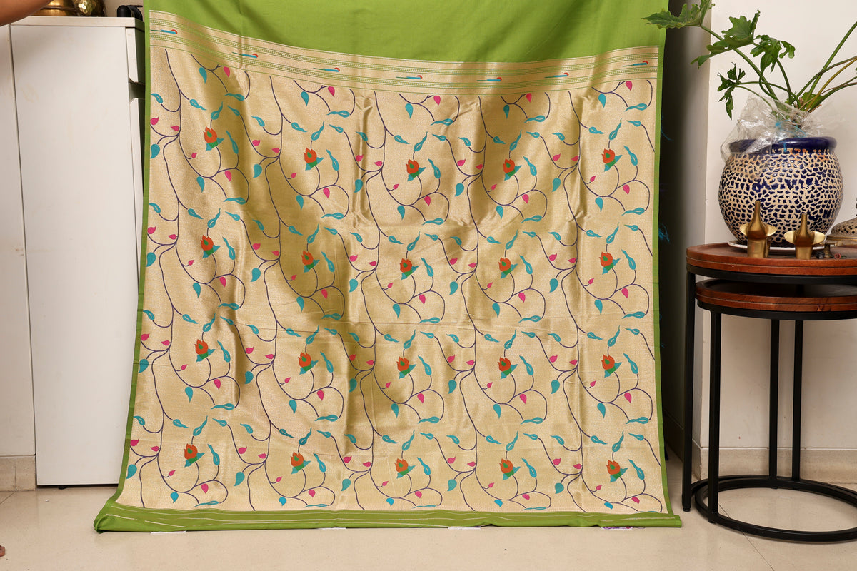 Parrot Green Paithani and Kalamkari Fusion