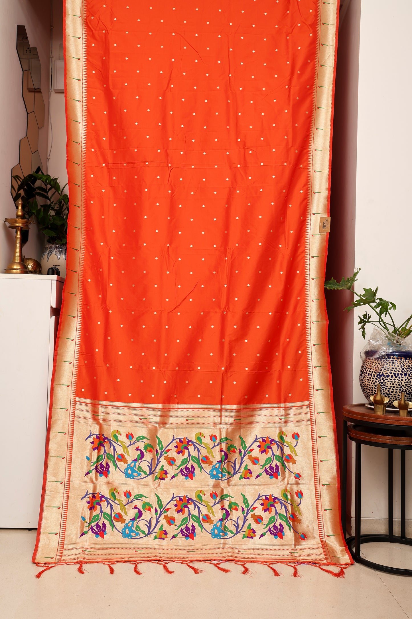 Sindoor Orange Paithani and Kalamkari Fusion