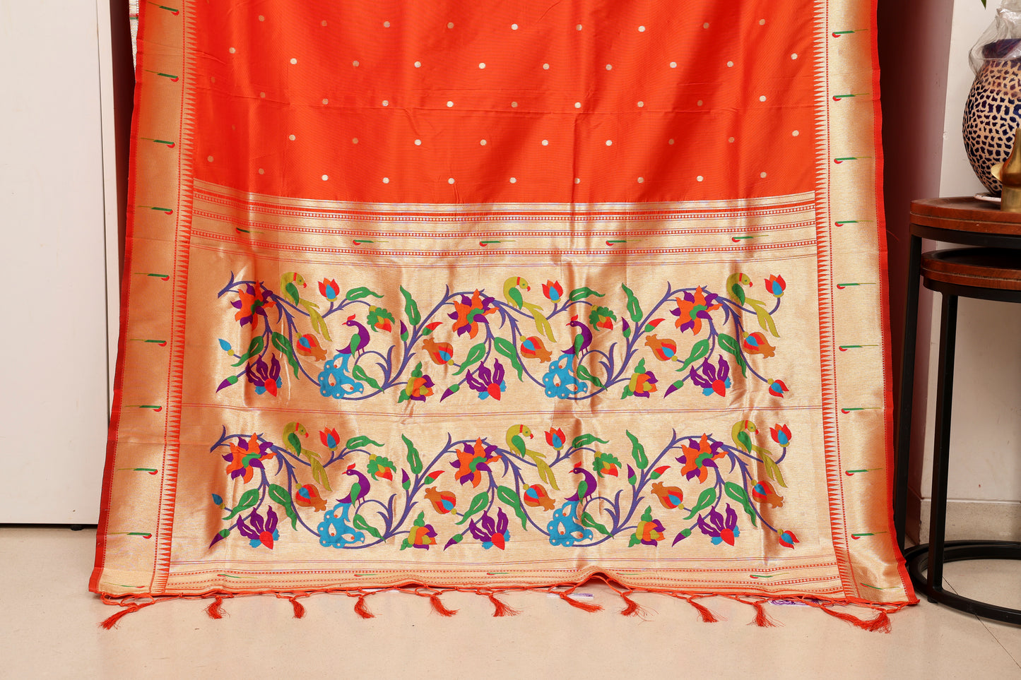 Sindoor Orange Paithani and Kalamkari Fusion