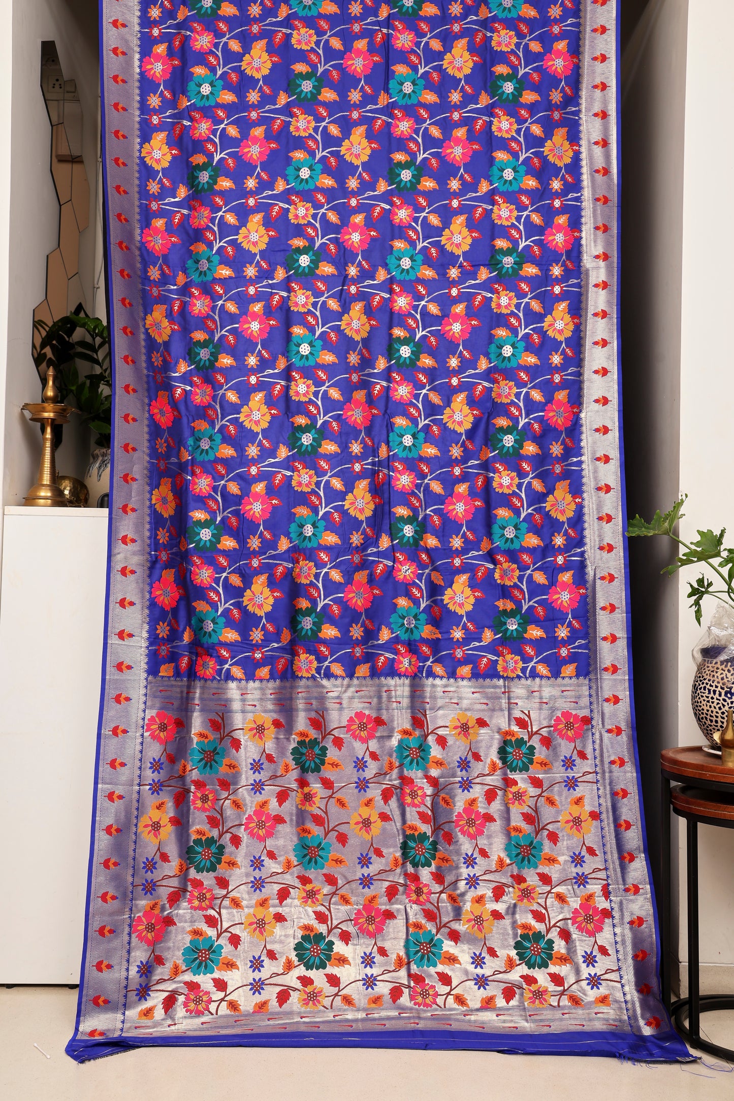 Royal Blue Multi Color Floral Brocade Paithani