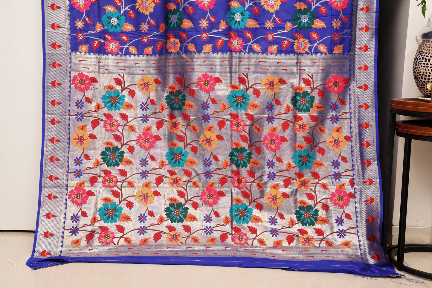 Royal Blue Multi Color Floral Brocade Paithani