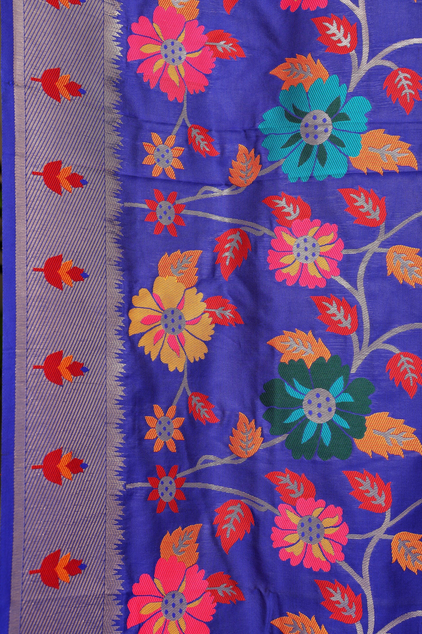 Royal Blue Multi Color Floral Brocade Paithani