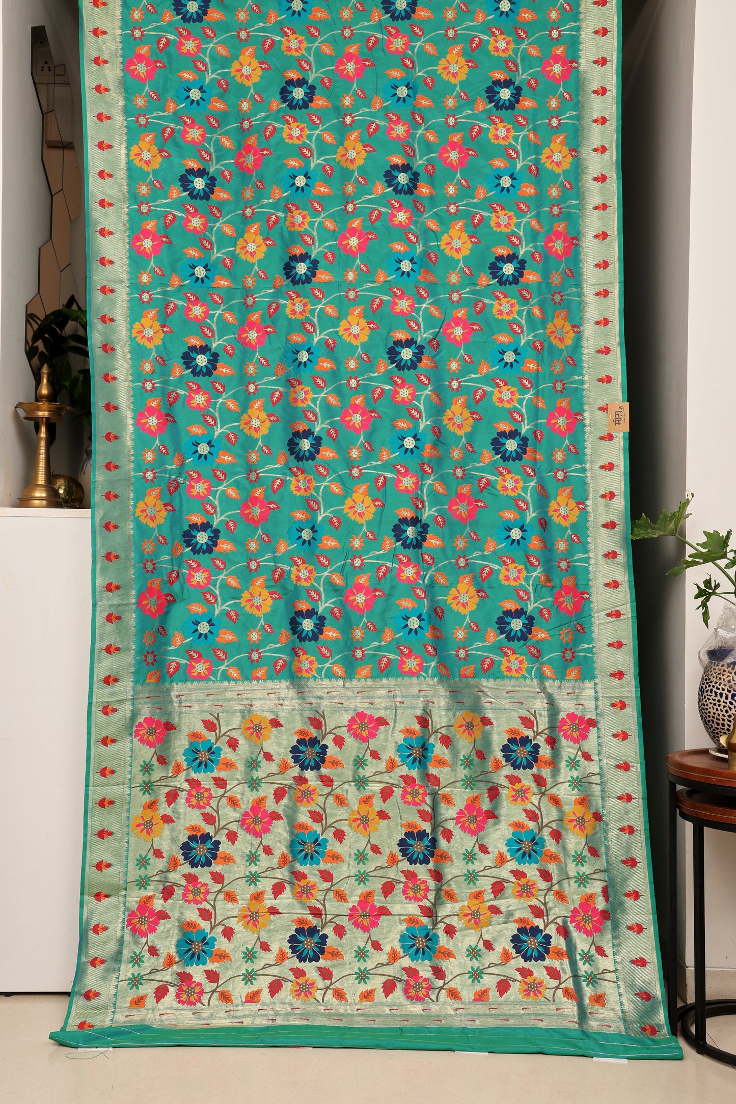 Peacock Green Multi Color Floral Brocade Paithani