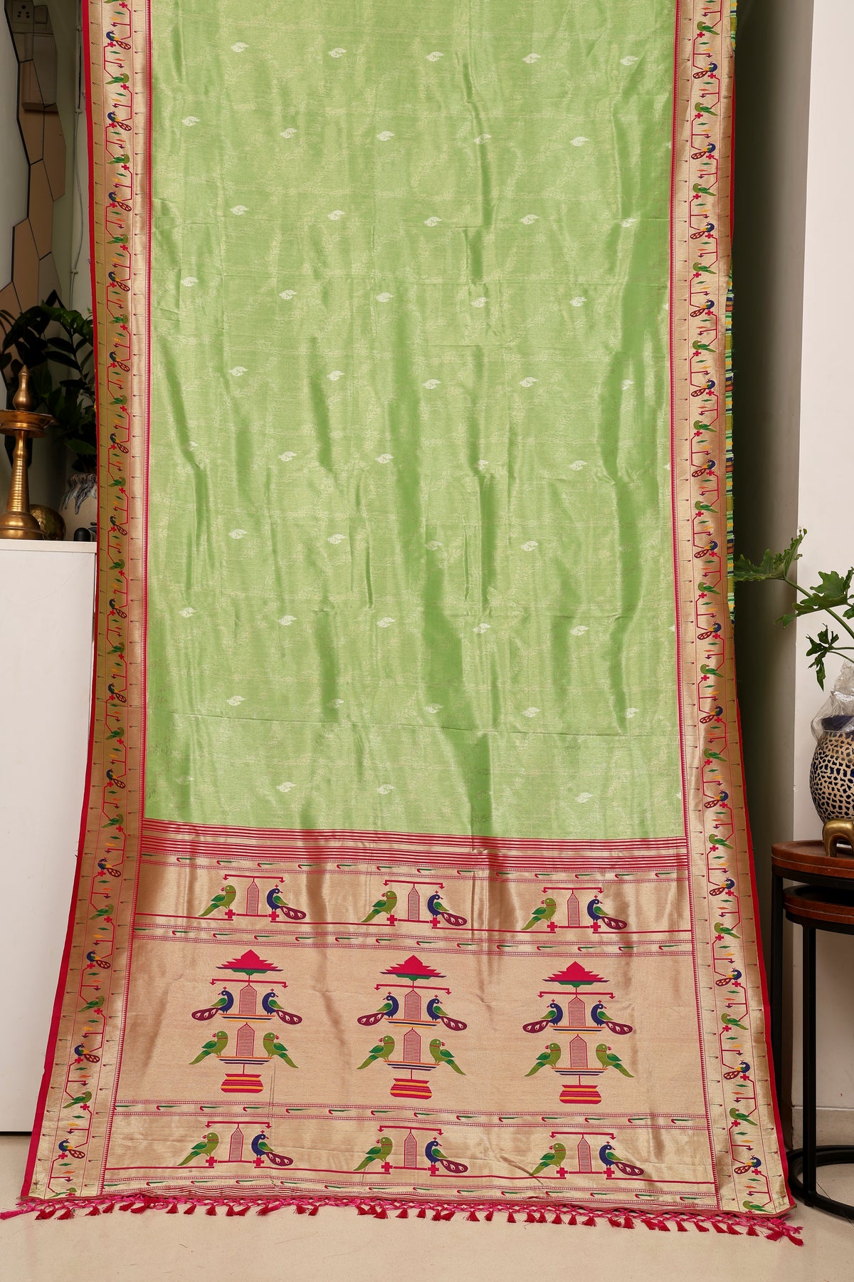 Parrot Green Tissue Silk Blend Paithani