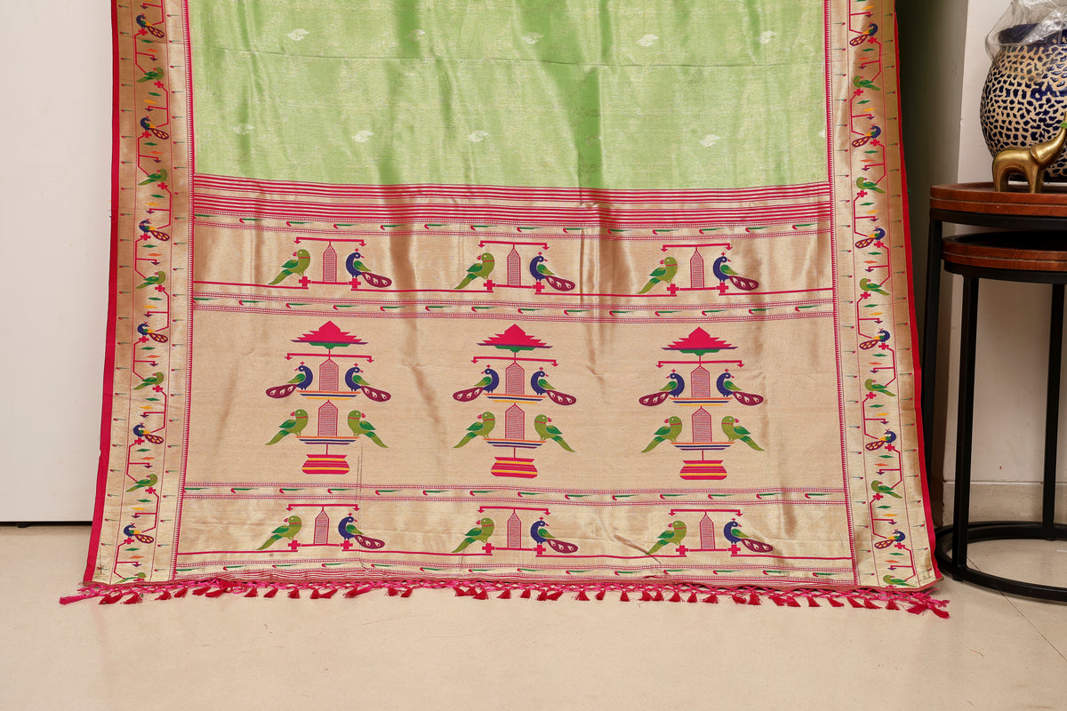 Parrot Green Tissue Silk Blend Paithani