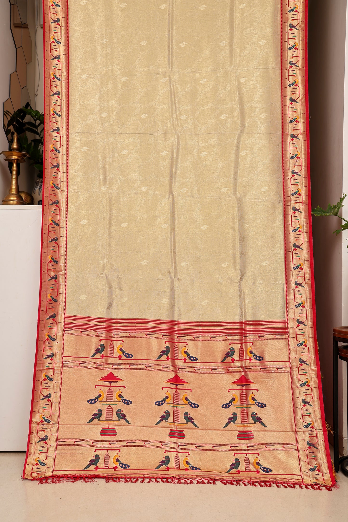 Ivory Gold Tissue Silk Blend Paithani