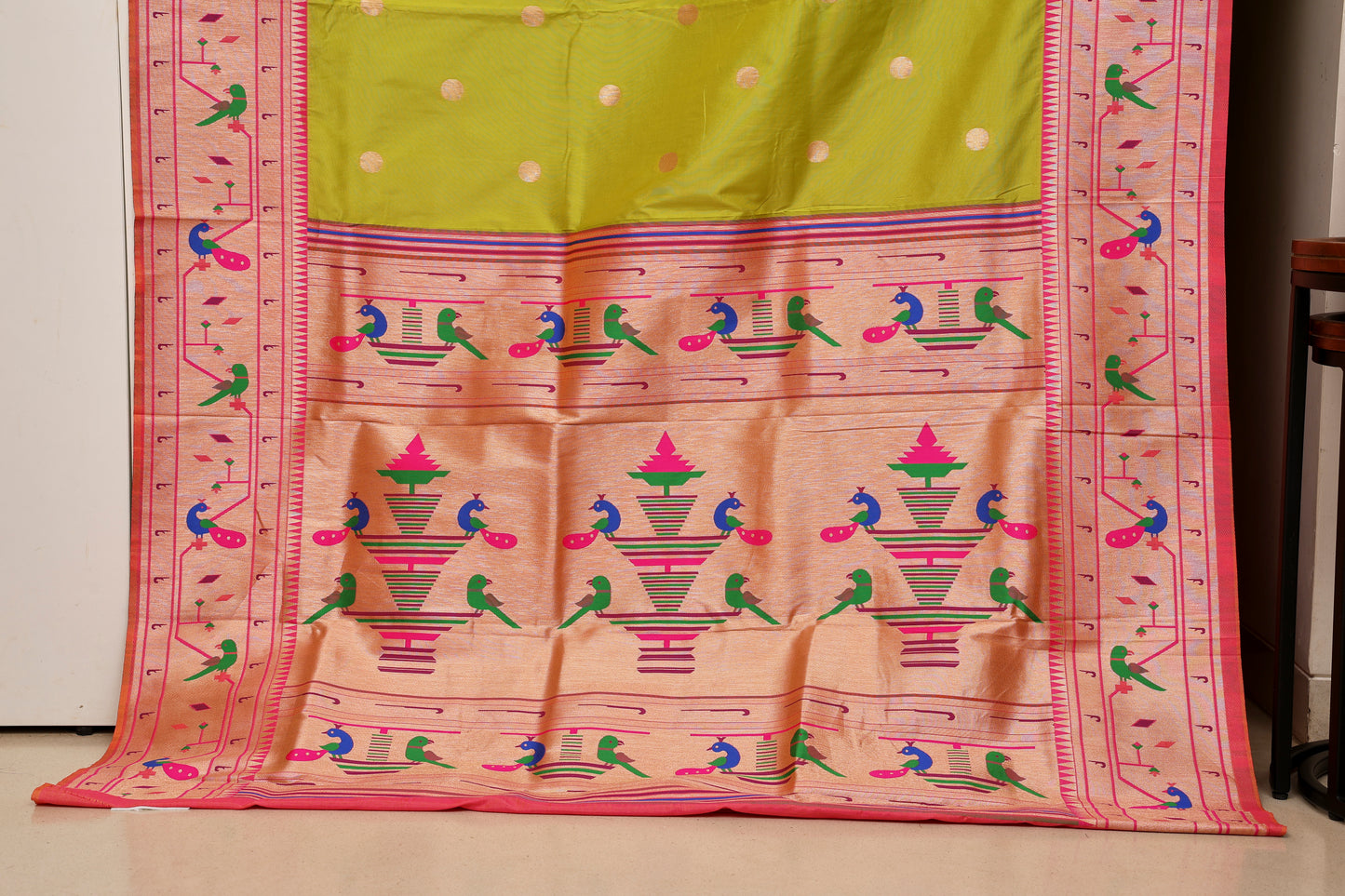 Neon Lime Mor Popat Border Paithani