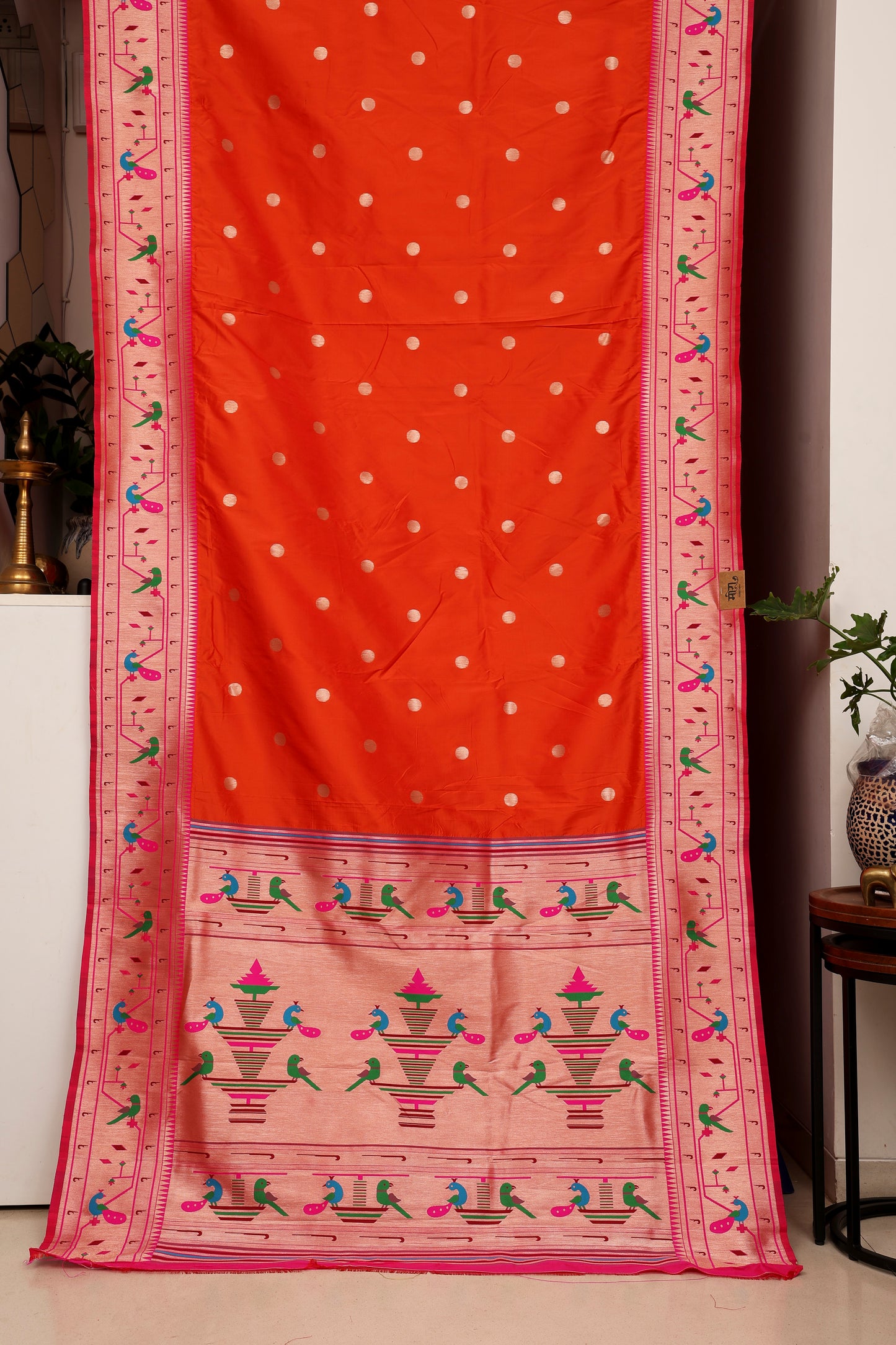 Kesari Orange Mor Popat Border Paithani