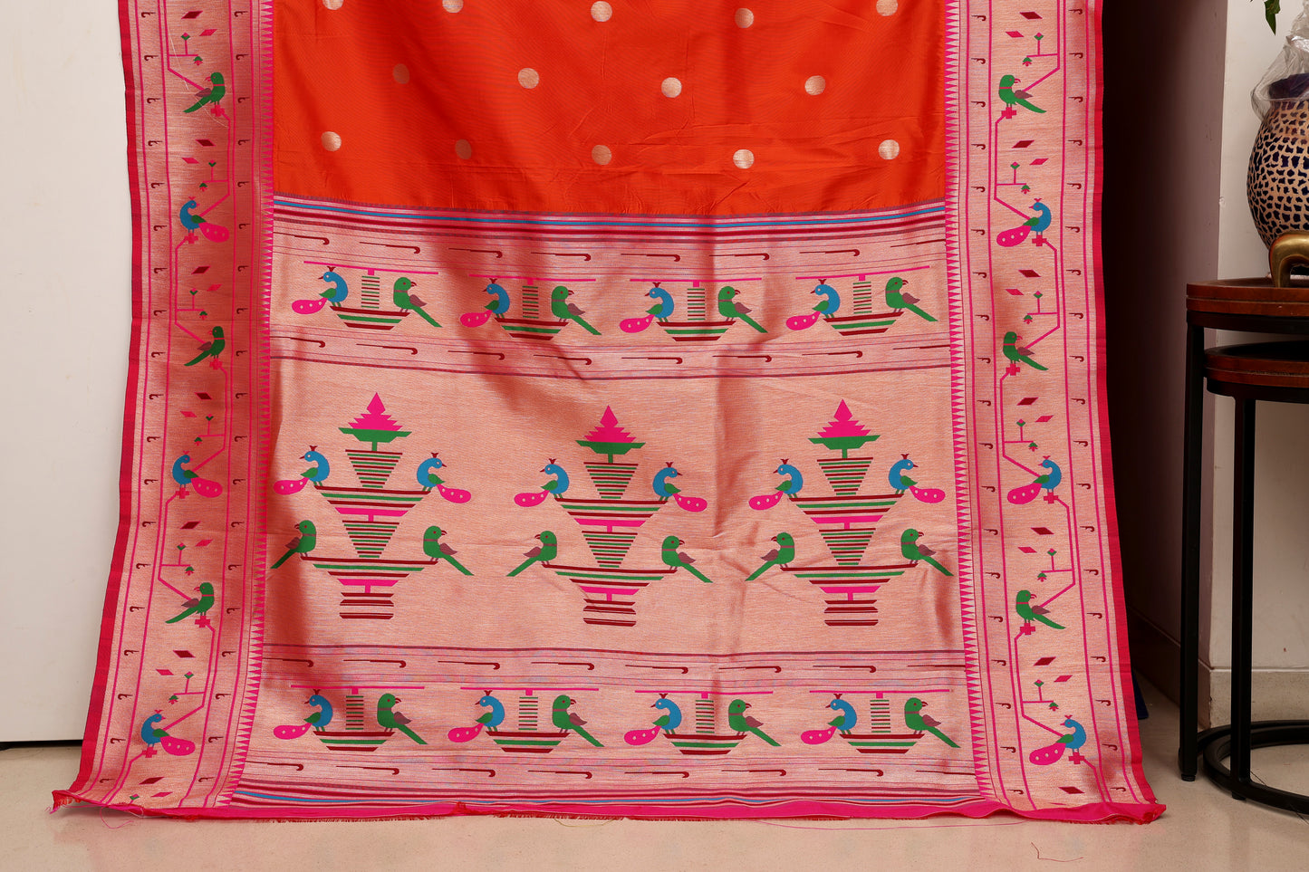 Kesari Orange Mor Popat Border Paithani