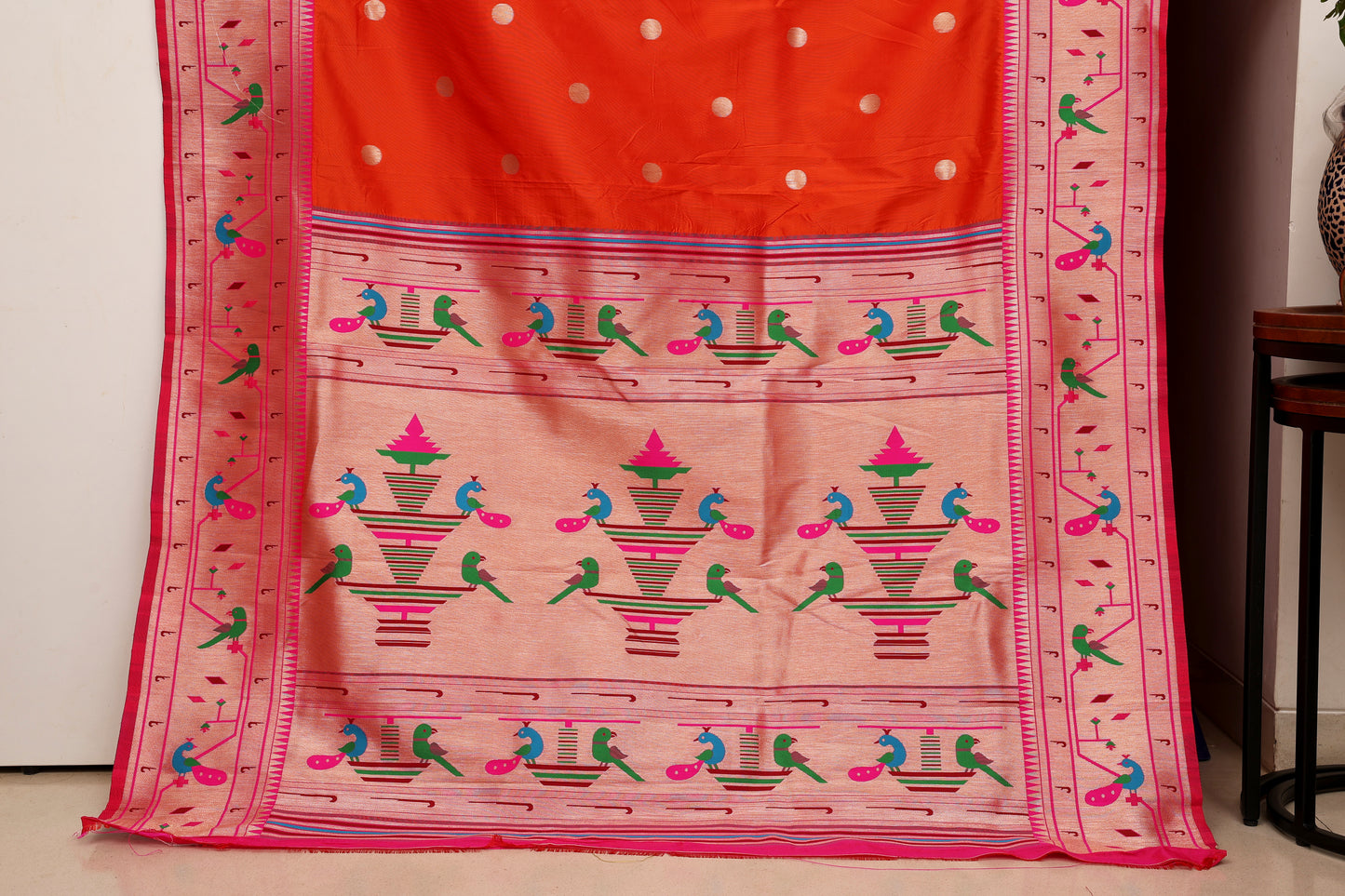 Kesari Orange Mor Popat Border Paithani