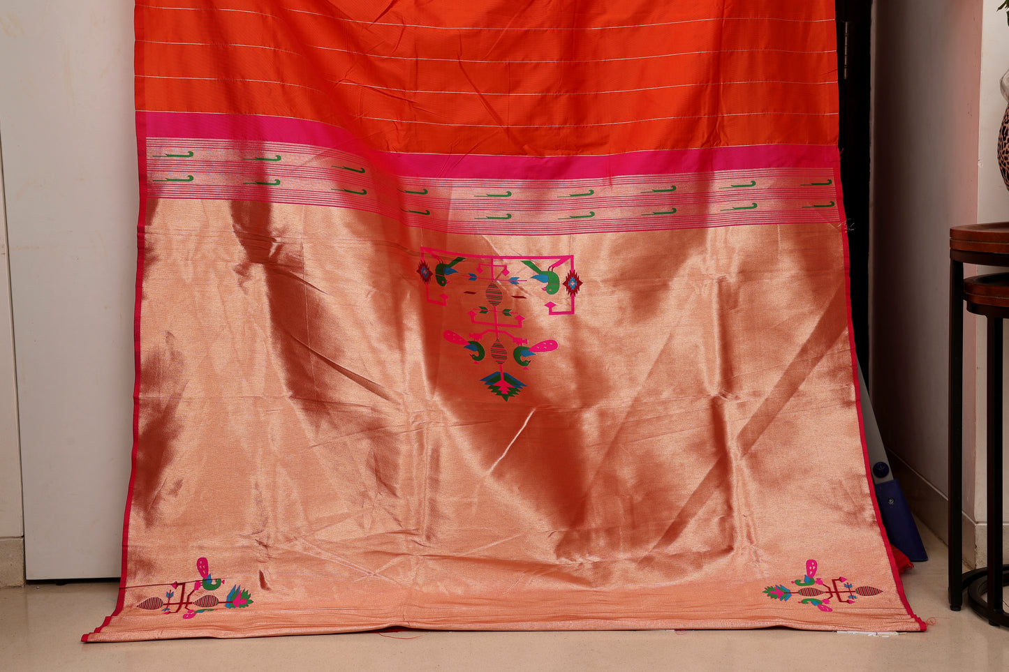 Kesari Orange Mor Popat Border Paithani