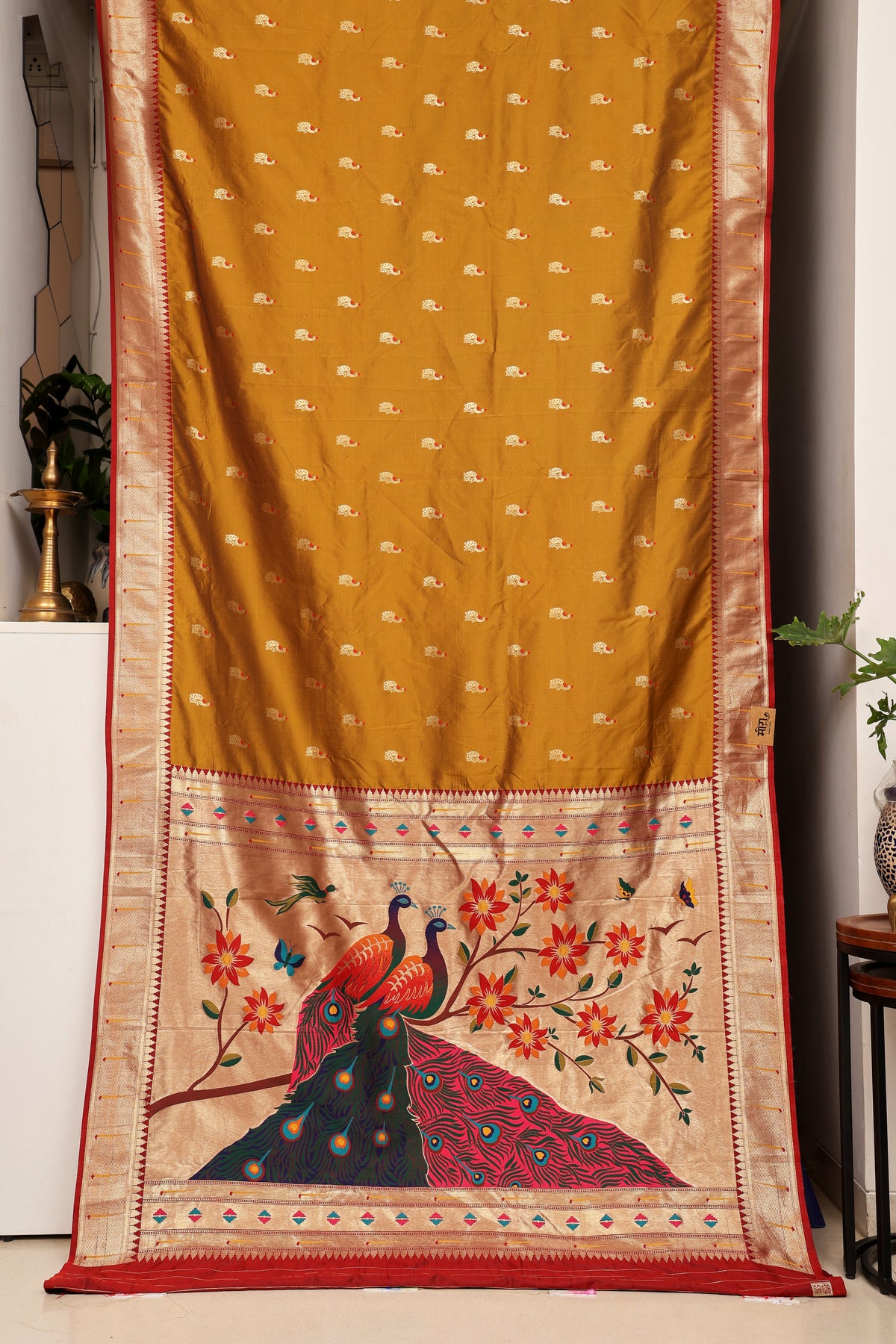 Antique Mustard Twin Peacock Paithani