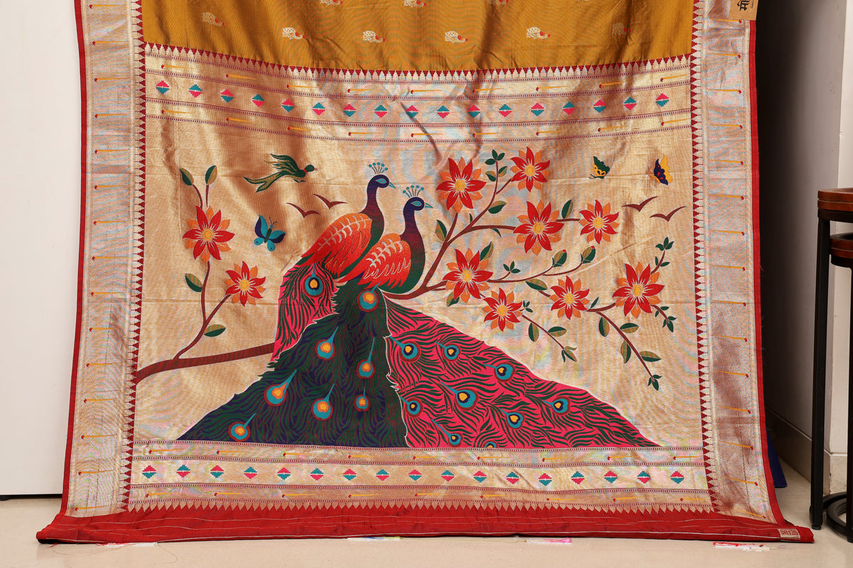 Antique Mustard Twin Peacock Paithani
