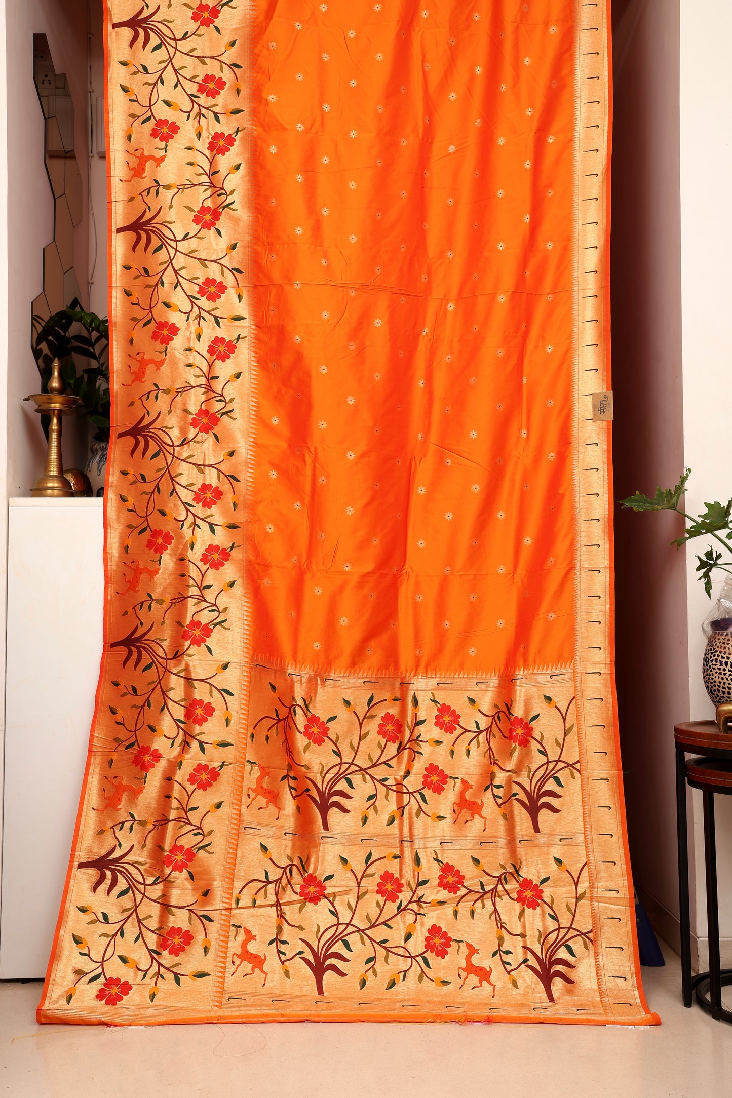 Kesari Orange Floral Skirt Border Paithani