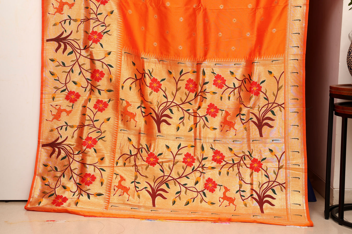 Kesari Orange Floral Skirt Border Paithani