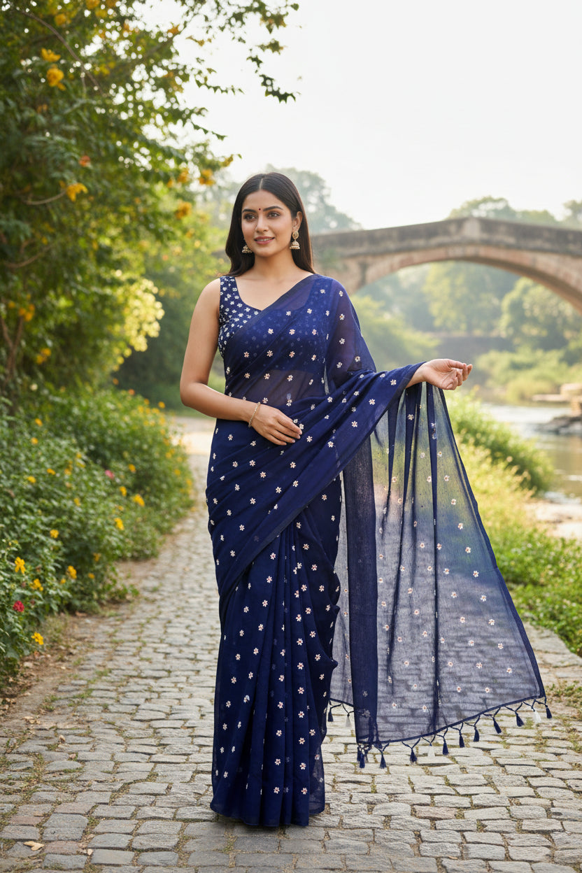 Navy Blue Phul Butti Cotton Mulmul Saree