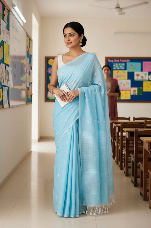 Sky Blue Phul Butti Cotton Saree