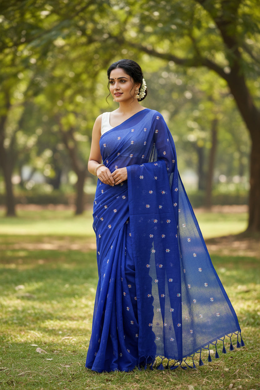 Royal Blue Phul Butti Cotton Saree