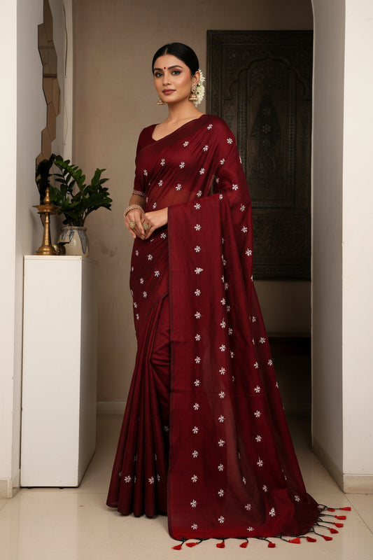 Maroon Phul Butti Cotton Saree