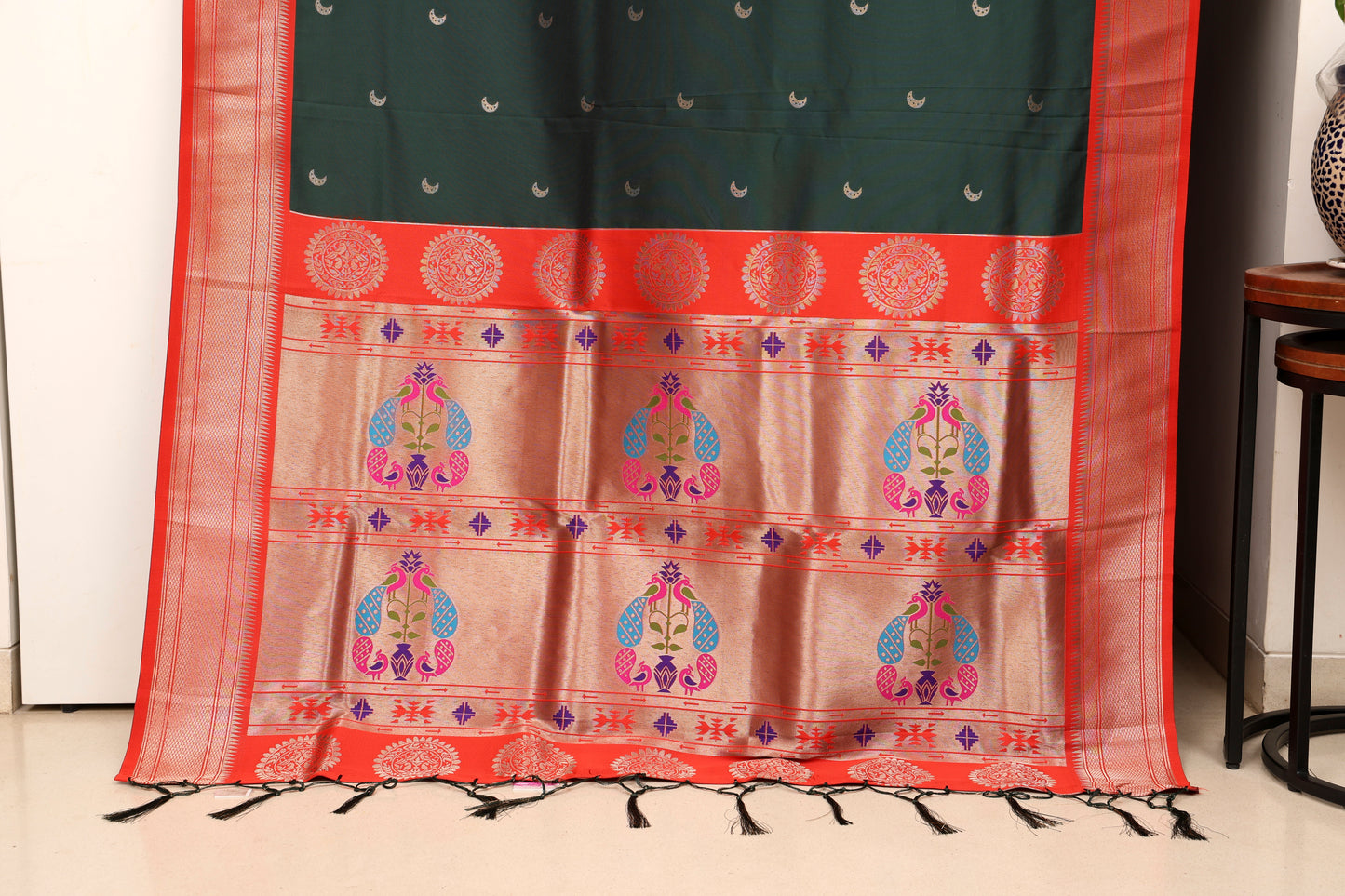 Bottle Green Chandrakor Butti Paithani
