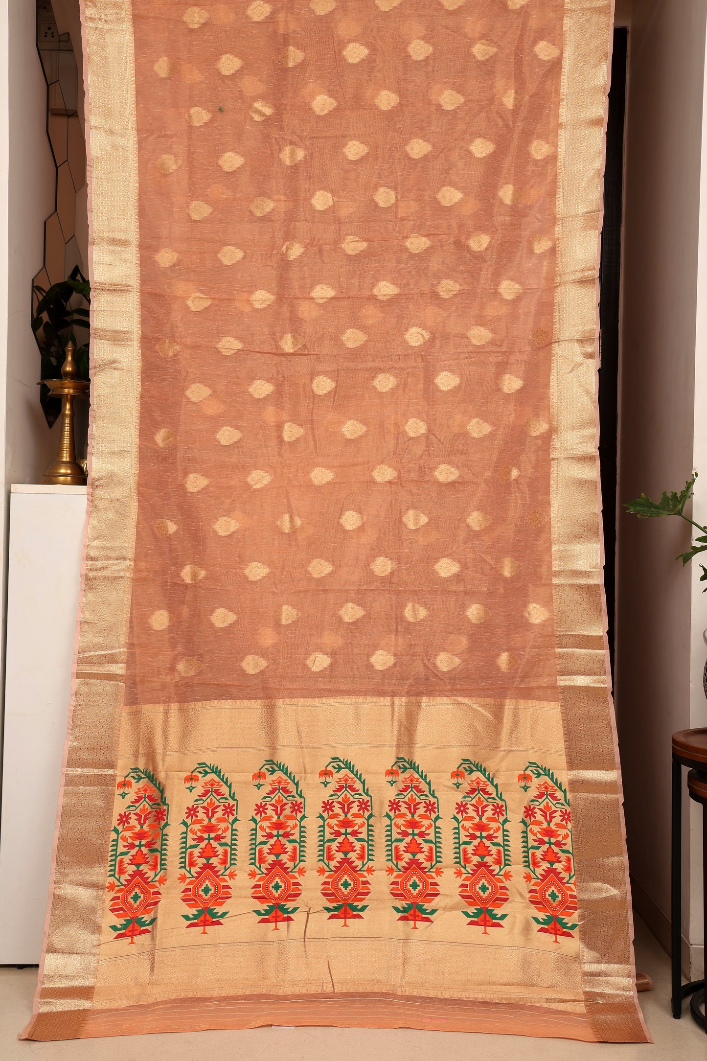 Peach Blush Linen Tissue Blend Paithani