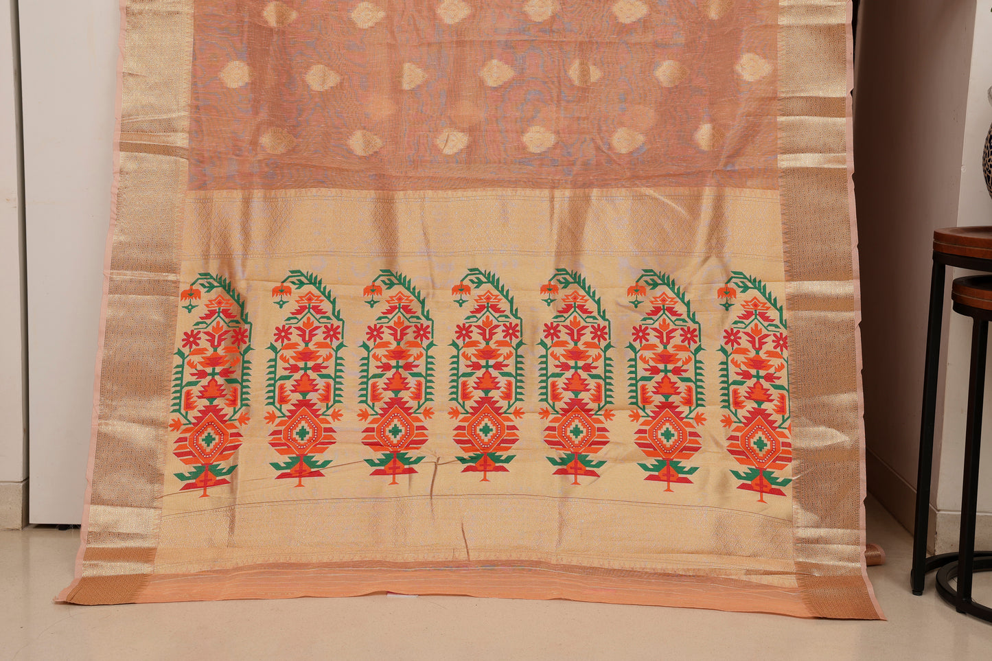 Peach Blush Linen Tissue Blend Paithani