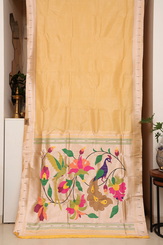 Sunflower Yellow Stripped Tissue Silk Paithani