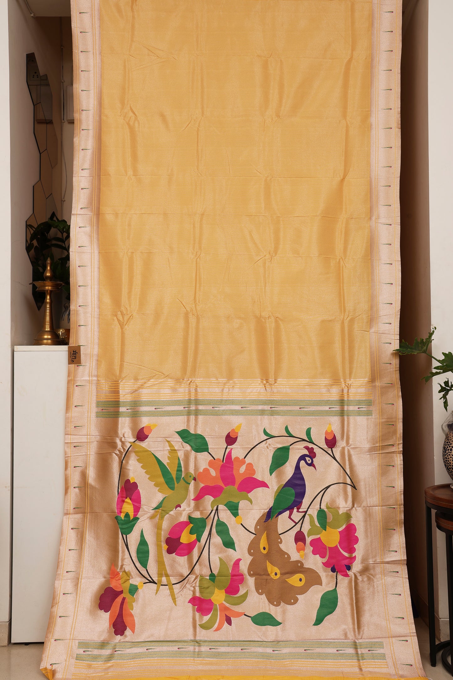 Sunflower Yellow Stripped Tissue Silk Paithani
