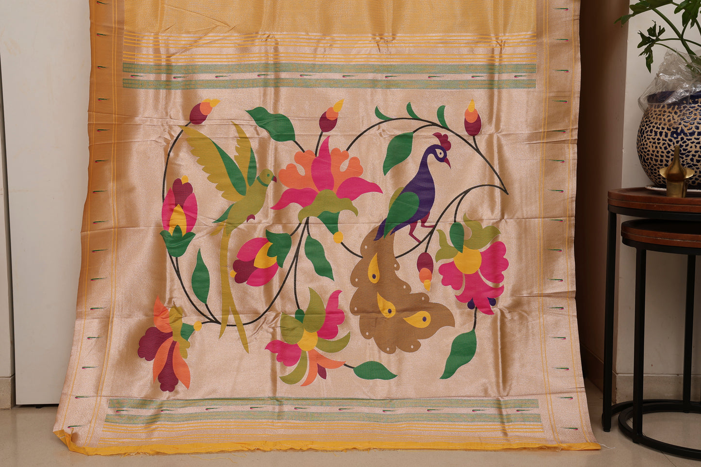 Sunflower Yellow Stripped Tissue Silk Paithani