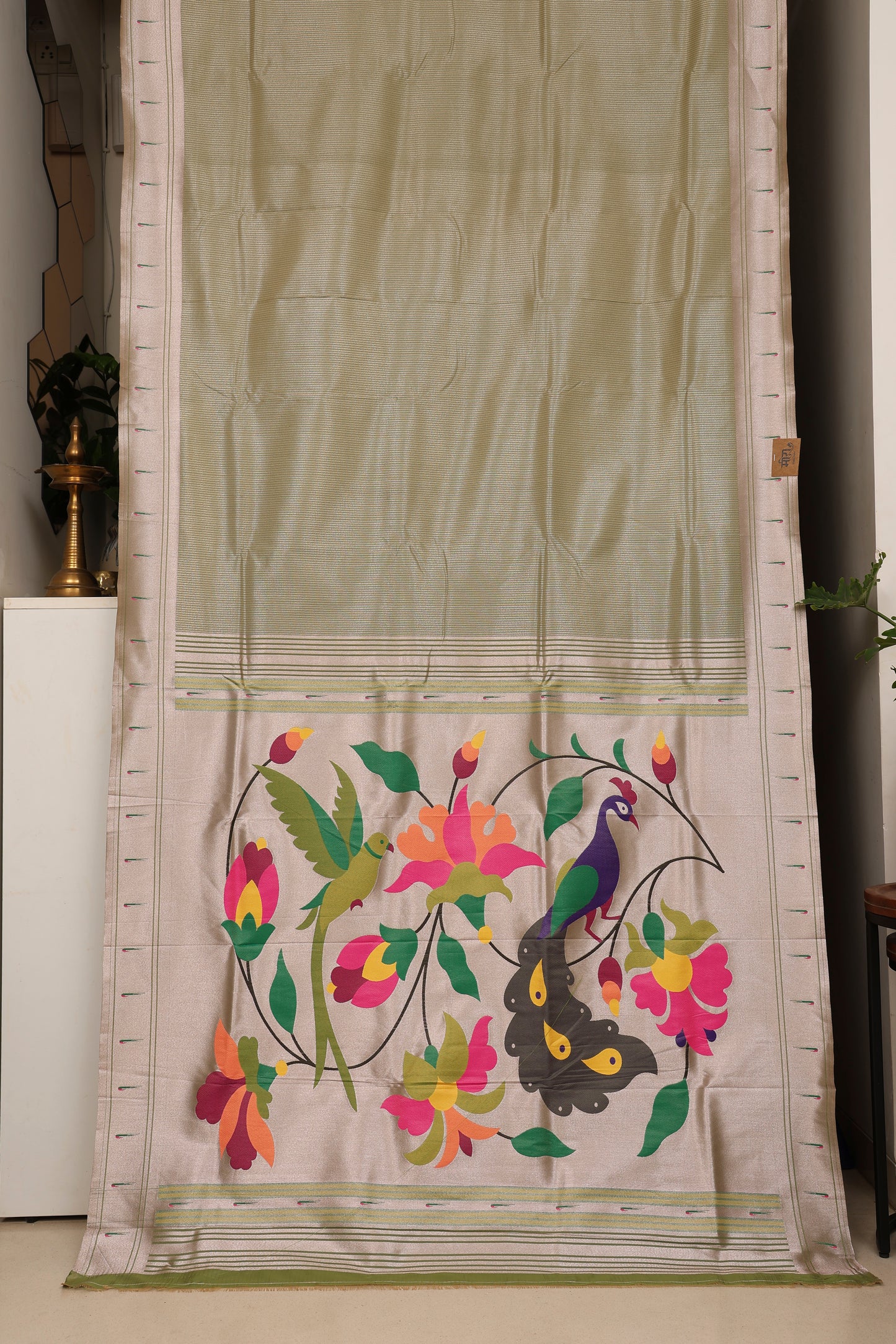 Saga Green Stripped Tissue Silk Paithani
