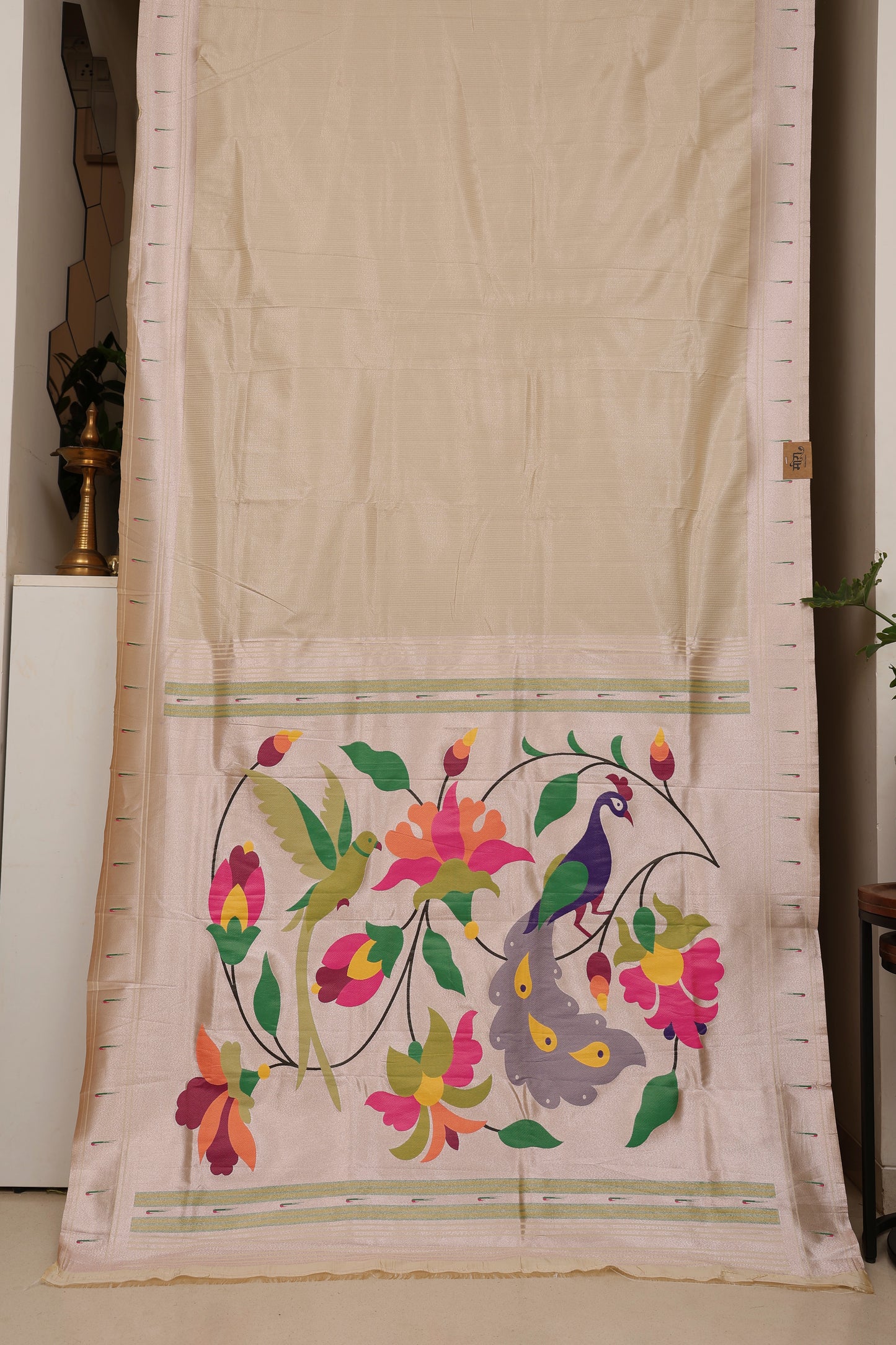 Ivory Stripped Tissue Silk Paithani
