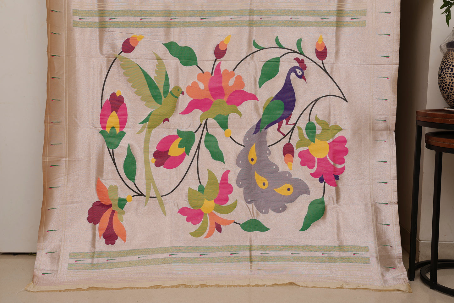Ivory Stripped Tissue Silk Paithani