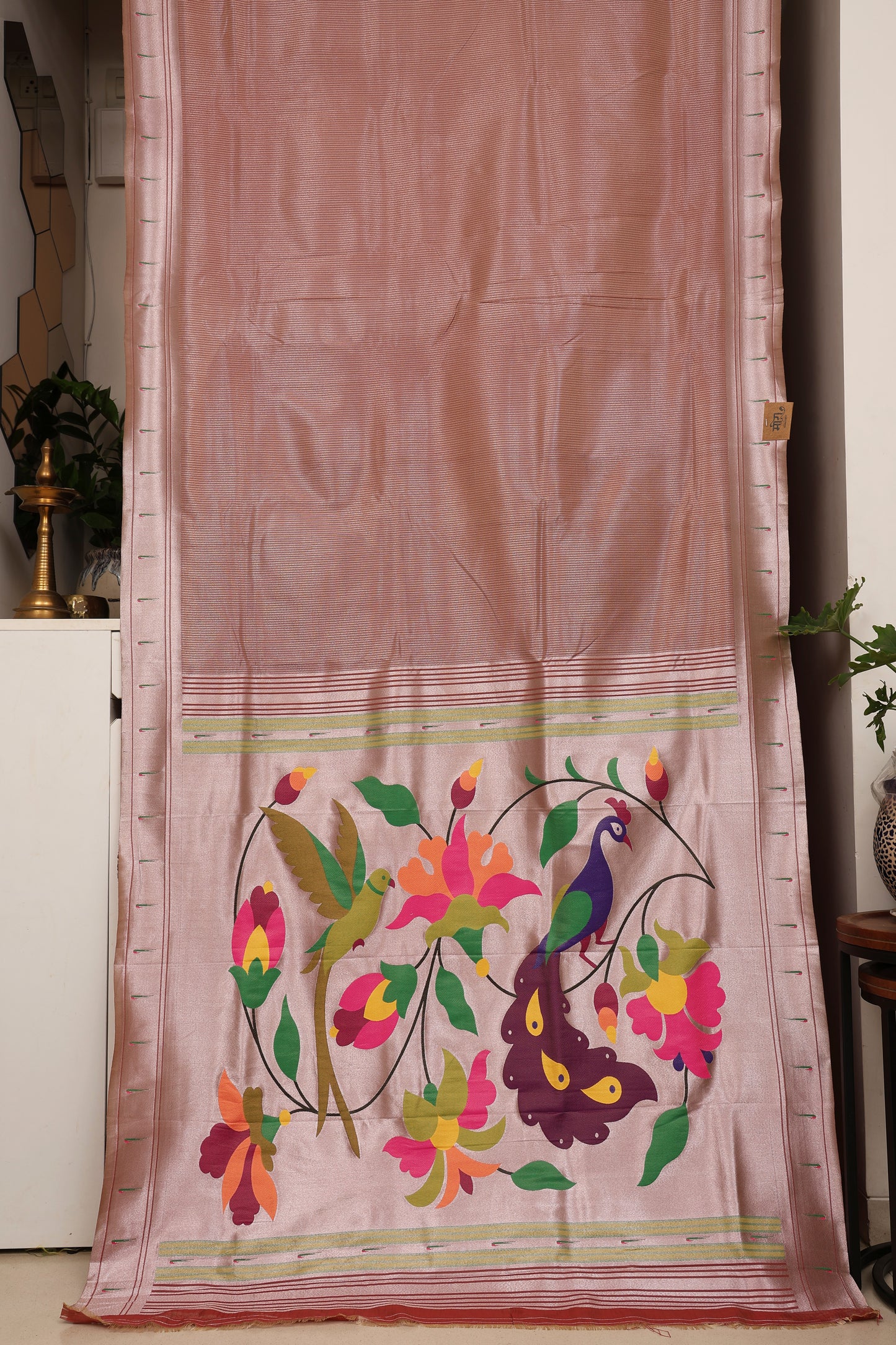 Dusty Rose Stripped Tissue Silk Paithani