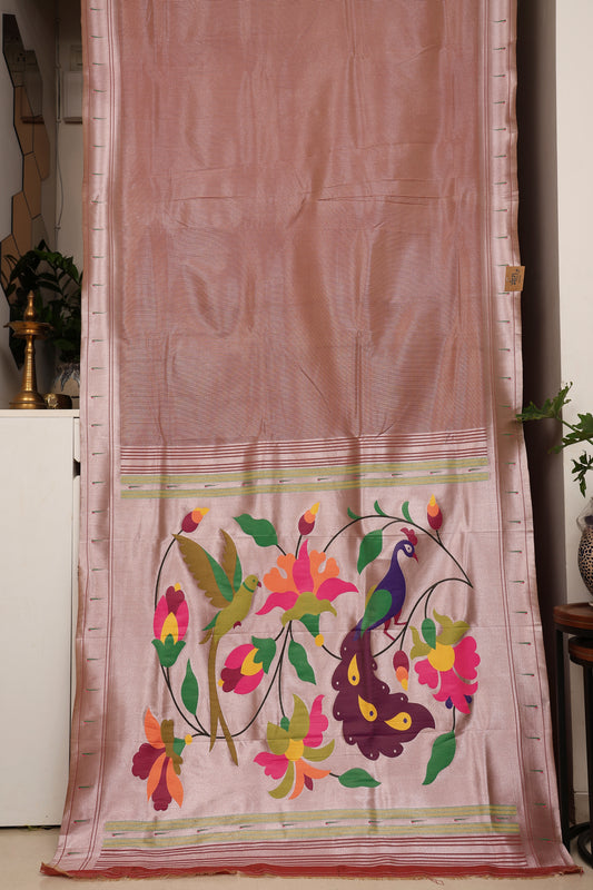 Dusty Rose Stripped Tissue Silk Paithani