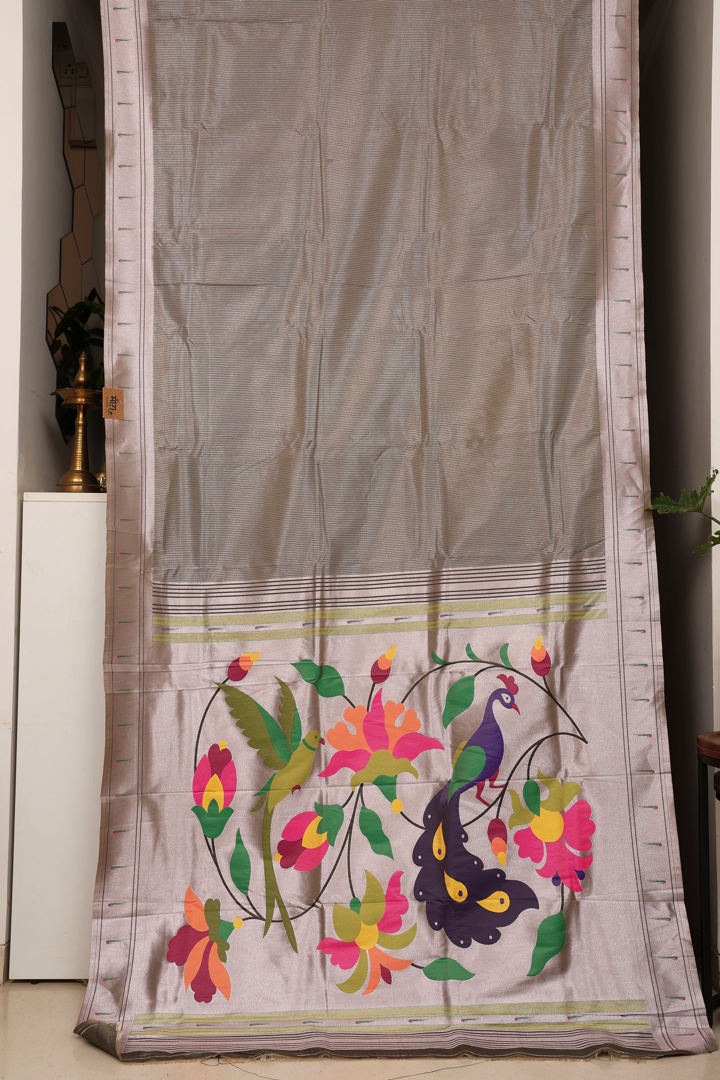 Steel Grey Stripped Tissue Silk Paithani