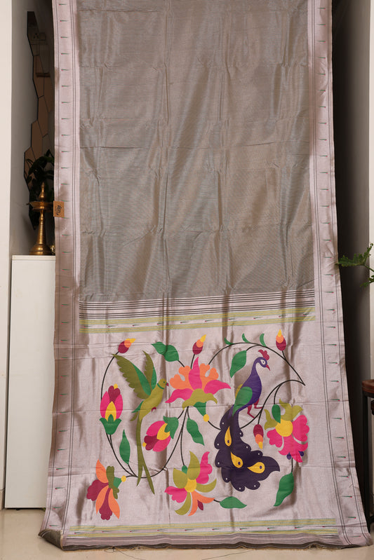 Steel Grey Stripped Tissue Silk Paithani