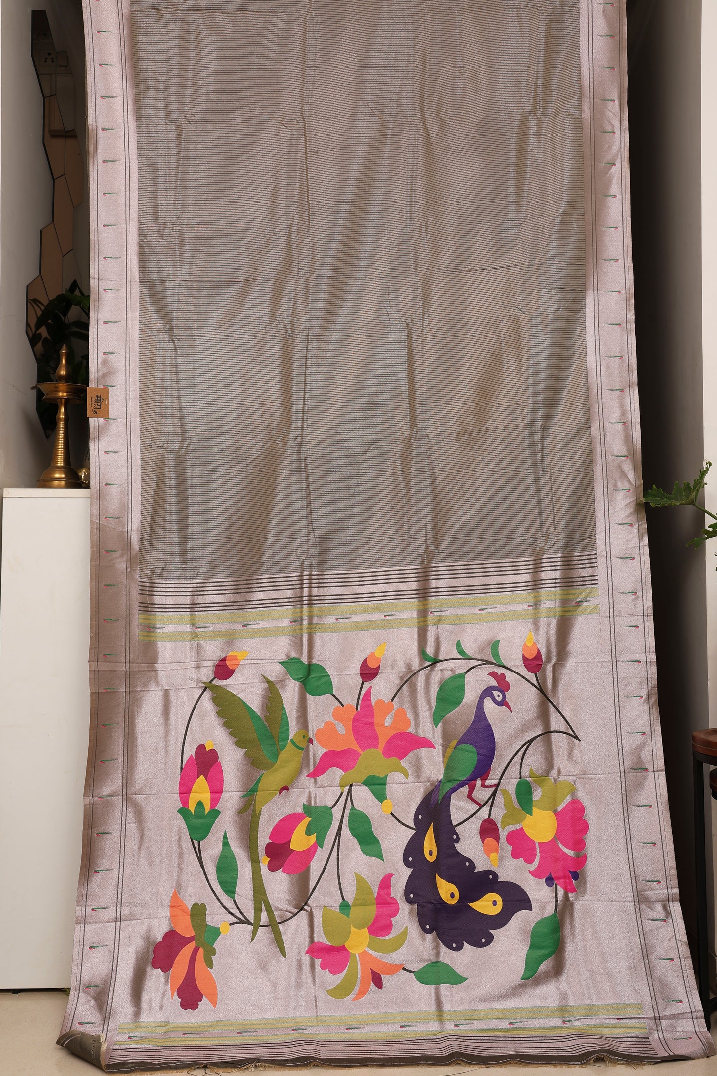 Steel Grey Stripped Tissue Silk Paithani