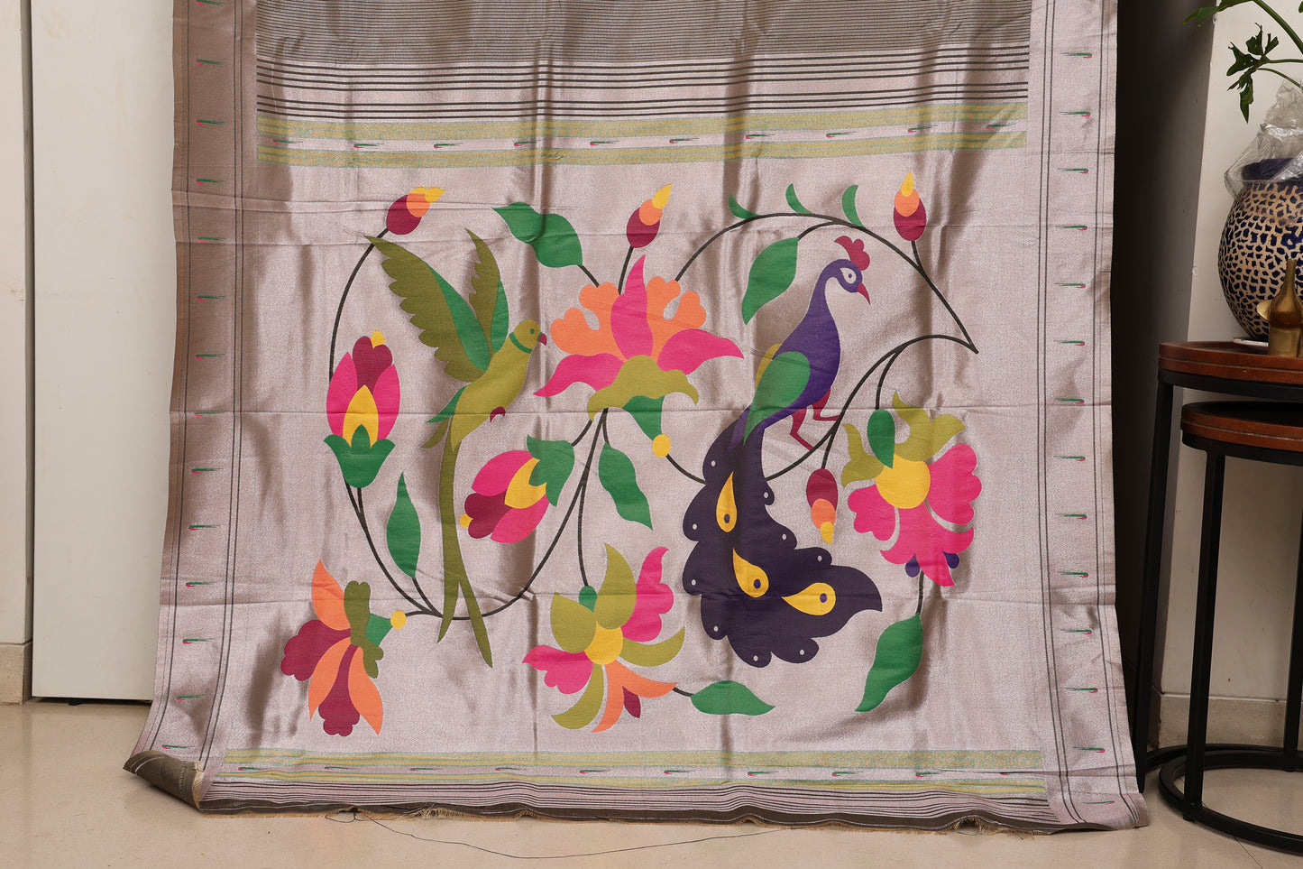 Steel Grey Stripped Tissue Silk Paithani