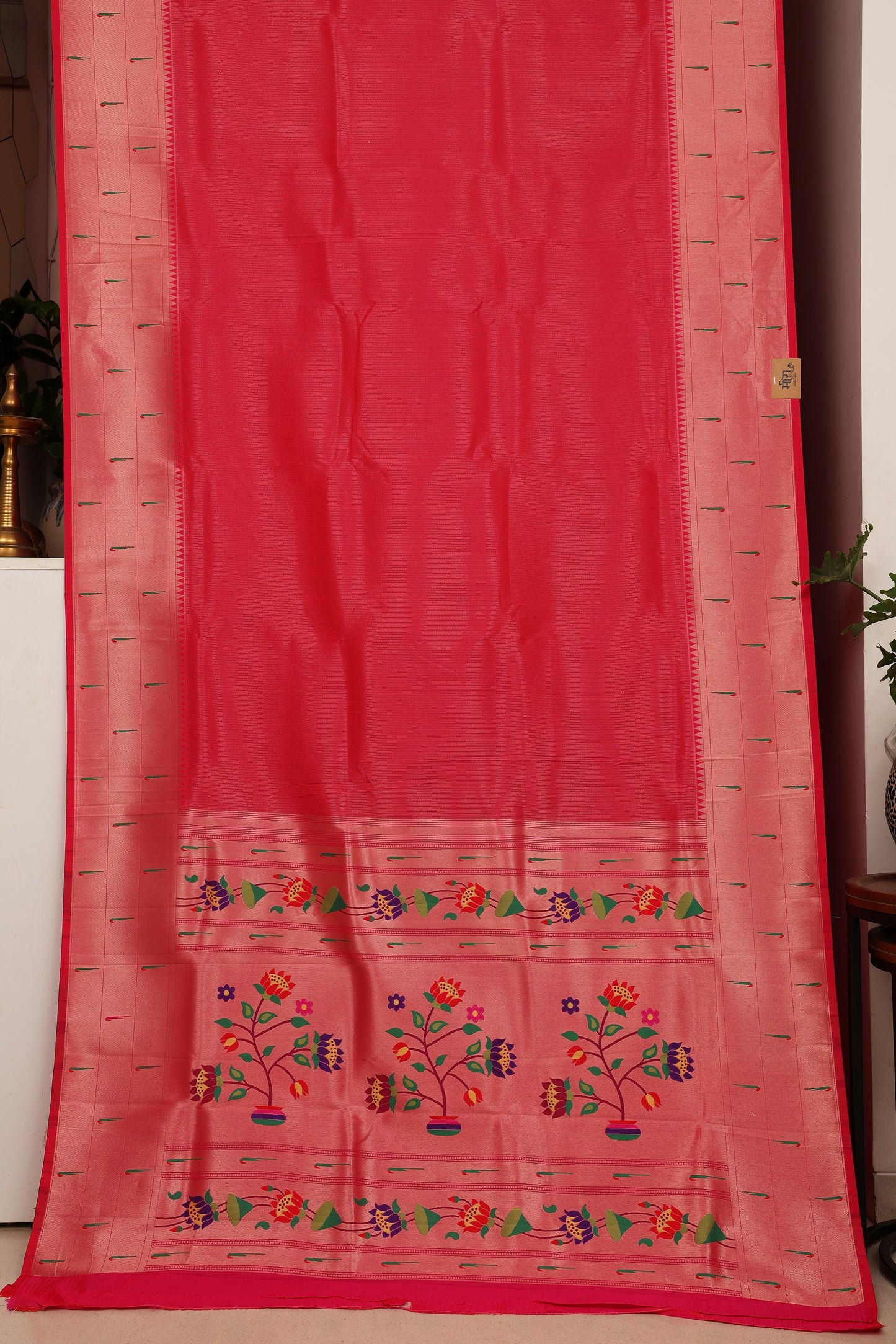 Vermilion Red Triple Muniya Tissue Paithani