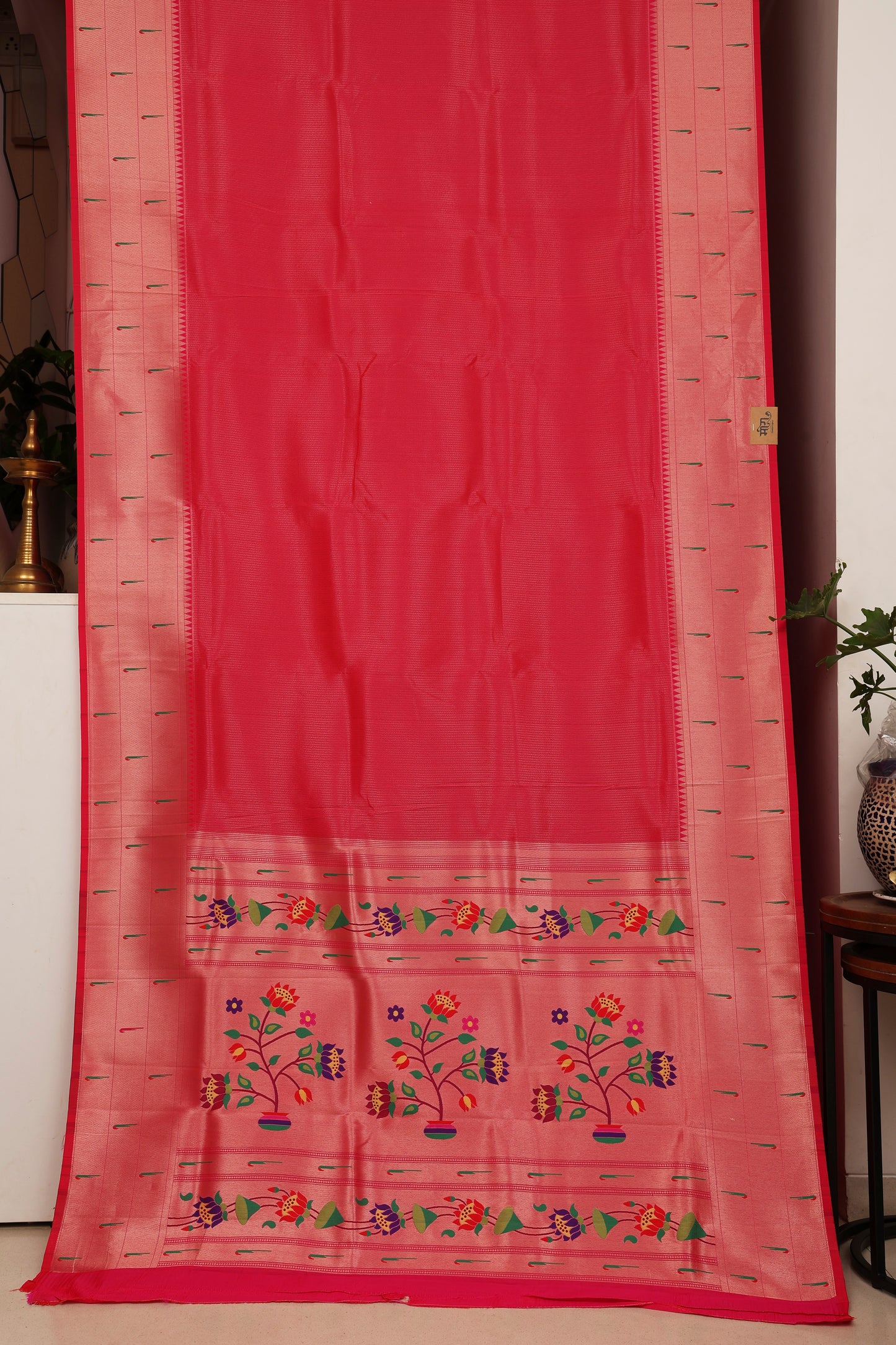 Vermilion Red Triple Muniya Tissue Paithani