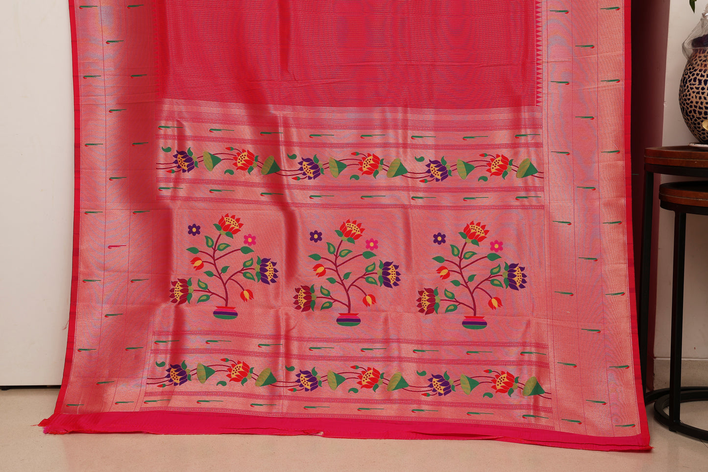 Vermilion Red Triple Muniya Tissue Paithani